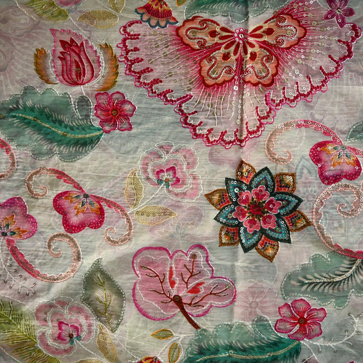 Viscose Organza Position Print With Sequins Embroidery