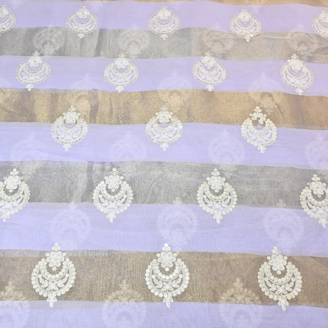 Silk Chanderi Thread & Sequins Embroidery Fabric with Zari Stripes – Designer Pattern Fabric-00R182-2