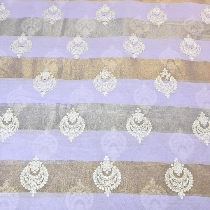 Silk Chanderi Thread & Sequins Embroidery Fabric with Zari Stripes – Designer Pattern Fabric-00R182-2