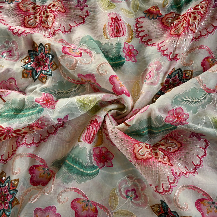 Viscose Organza Position Print With Sequins Embroidery