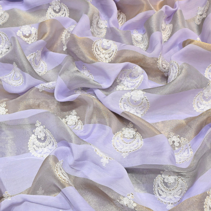 Silk Chanderi Thread & Sequins Embroidery Fabric with Zari Stripes – Designer Pattern Fabric-00R182-2