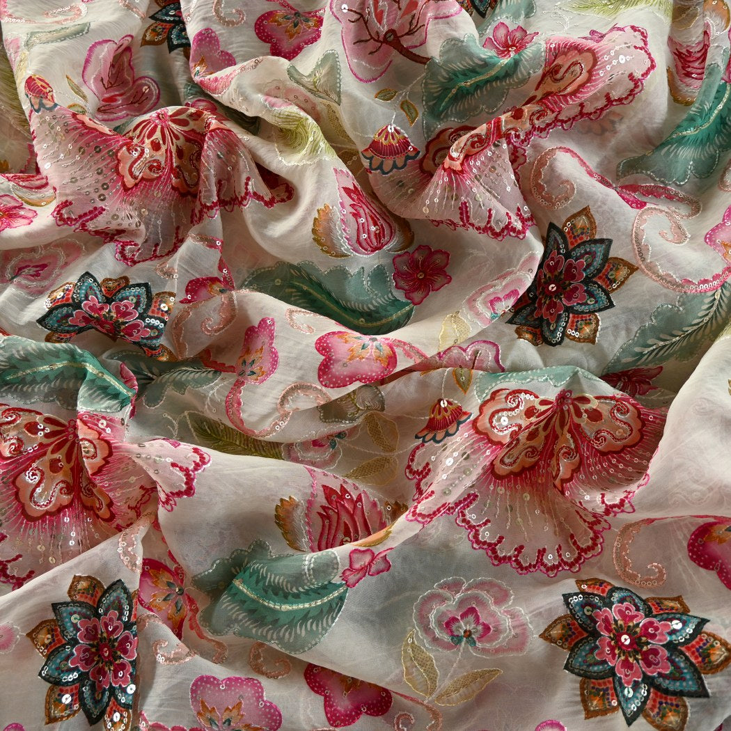 Viscose Organza Position Print With Sequins Embroidery