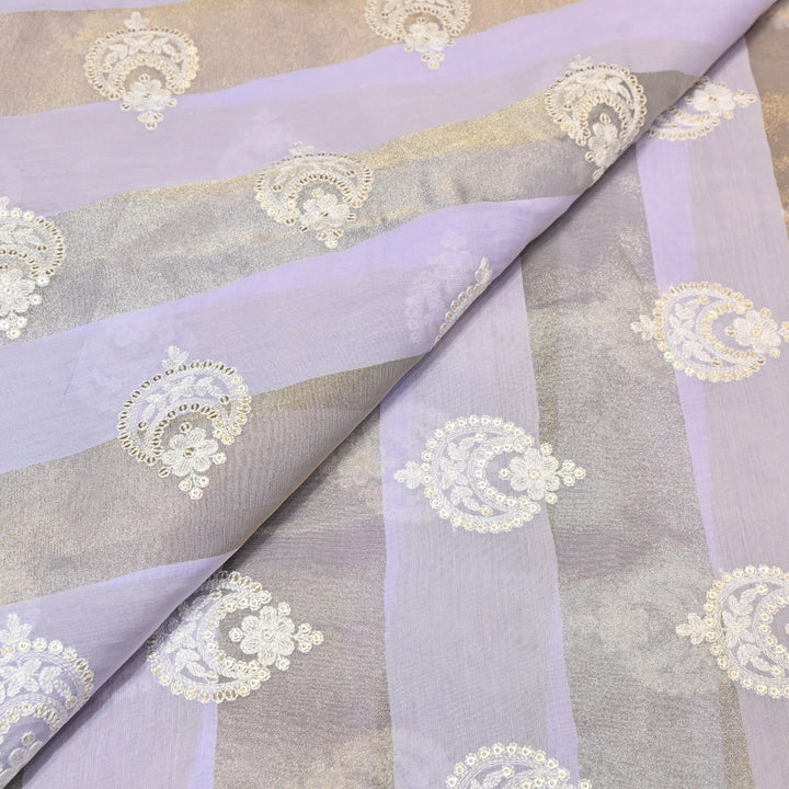 Silk Chanderi Thread & Sequins Embroidery Fabric with Zari Stripes – Designer Pattern Fabric-00R182-2