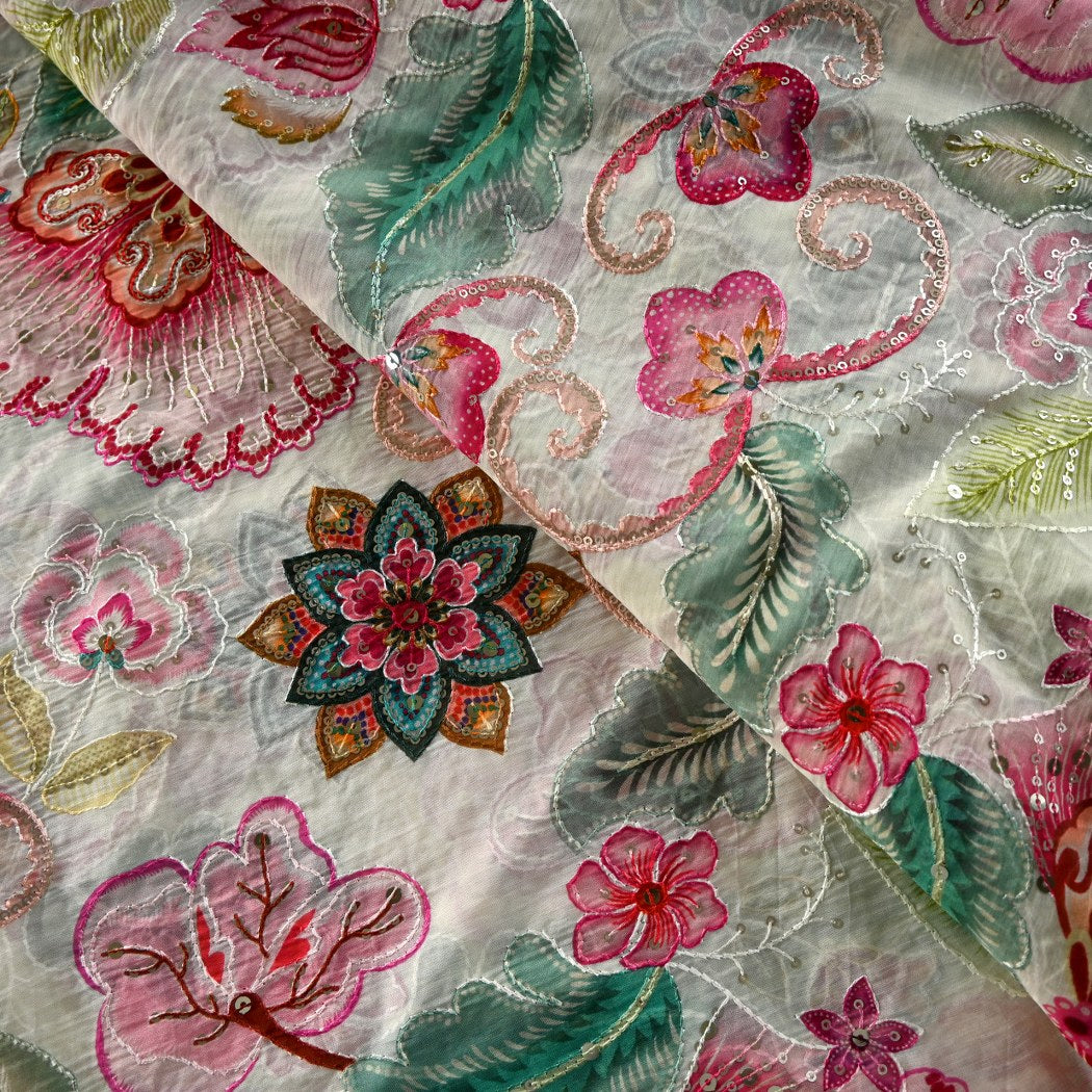 Viscose Organza Position Print With Sequins Embroidery