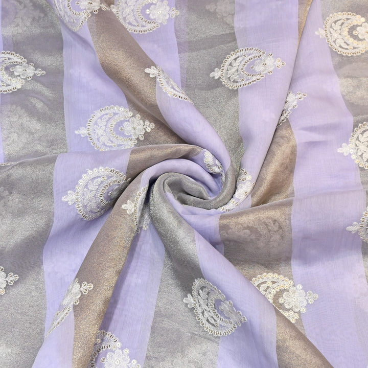 Silk Chanderi Thread & Sequins Embroidery Fabric with Zari Stripes – Designer Pattern Fabric-00R182-2