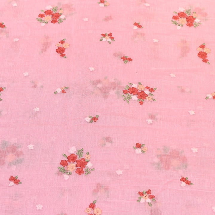 Blush Pink Color Mul Chanderi Thread Work Fabric | Lightweight Designer Embroidered Fabric- MF4396-3