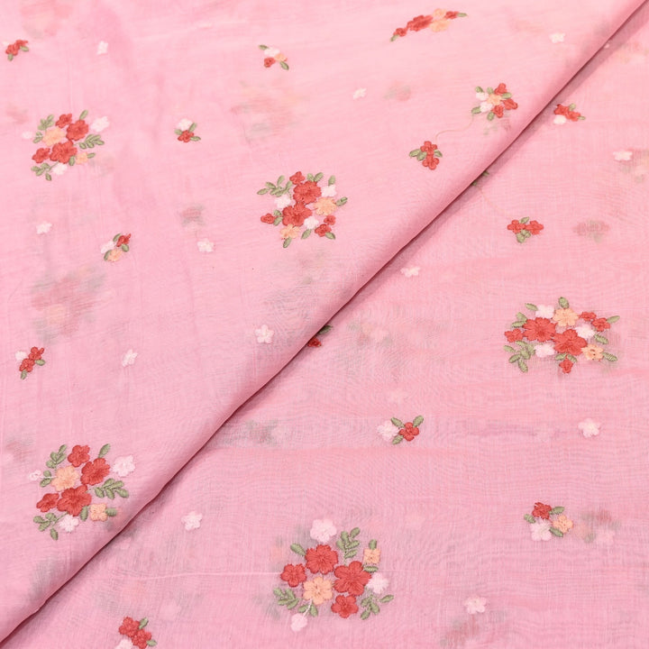 Blush Pink Color Mul Chanderi Thread Work Fabric | Lightweight Designer Embroidered Fabric- MF4396-3