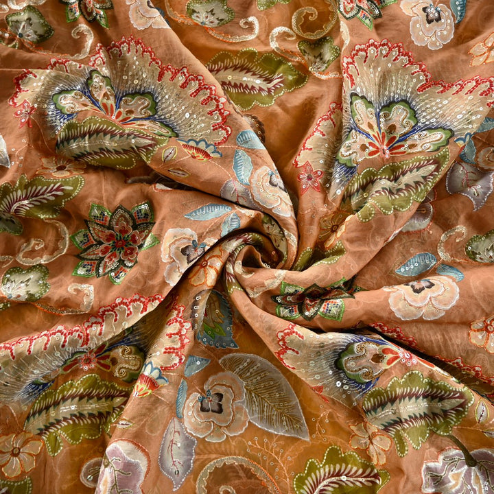 Viscose Organza Position Print With Sequins Embroidery