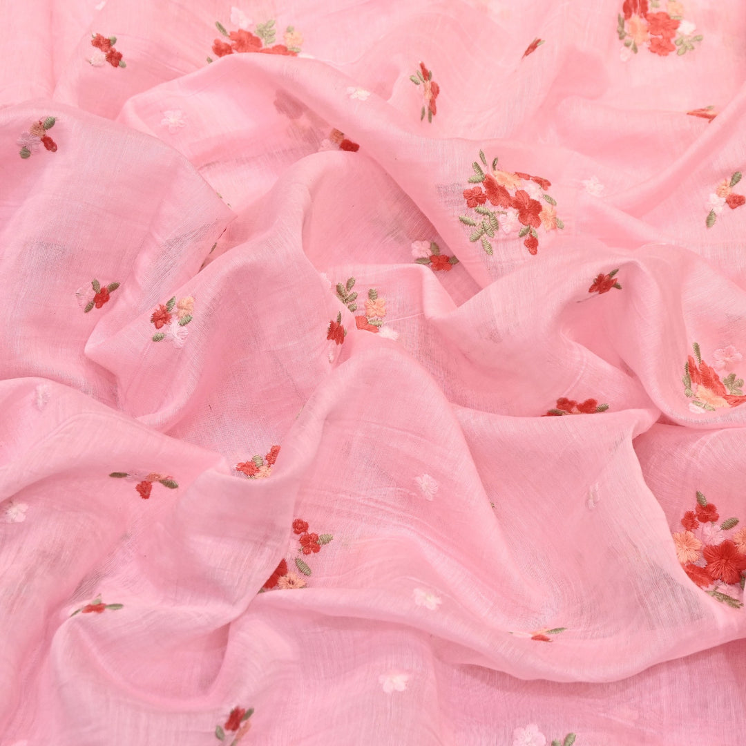 Blush Pink Color Mul Chanderi Thread Work Fabric | Lightweight Designer Embroidered Fabric- MF4396-3