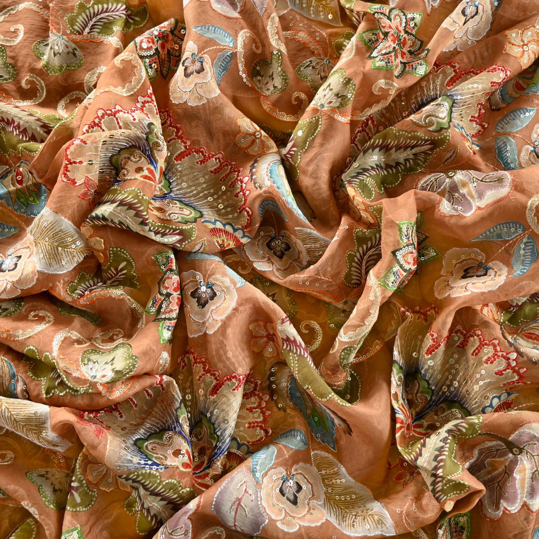 Viscose Organza Position Print With Sequins Embroidery