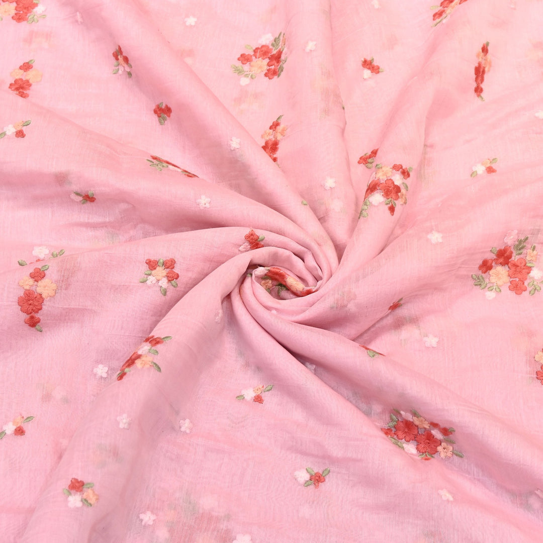 Blush Pink Color Mul Chanderi Thread Work Fabric | Lightweight Designer Embroidered Fabric- MF4396-3