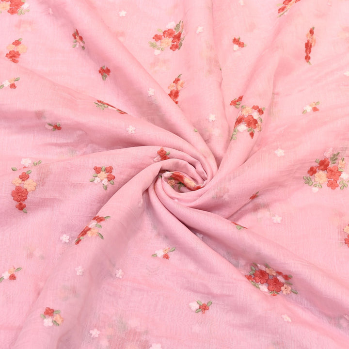 Blush Pink Color Mul Chanderi Thread Work Fabric | Lightweight Designer Embroidered Fabric- MF4396-3