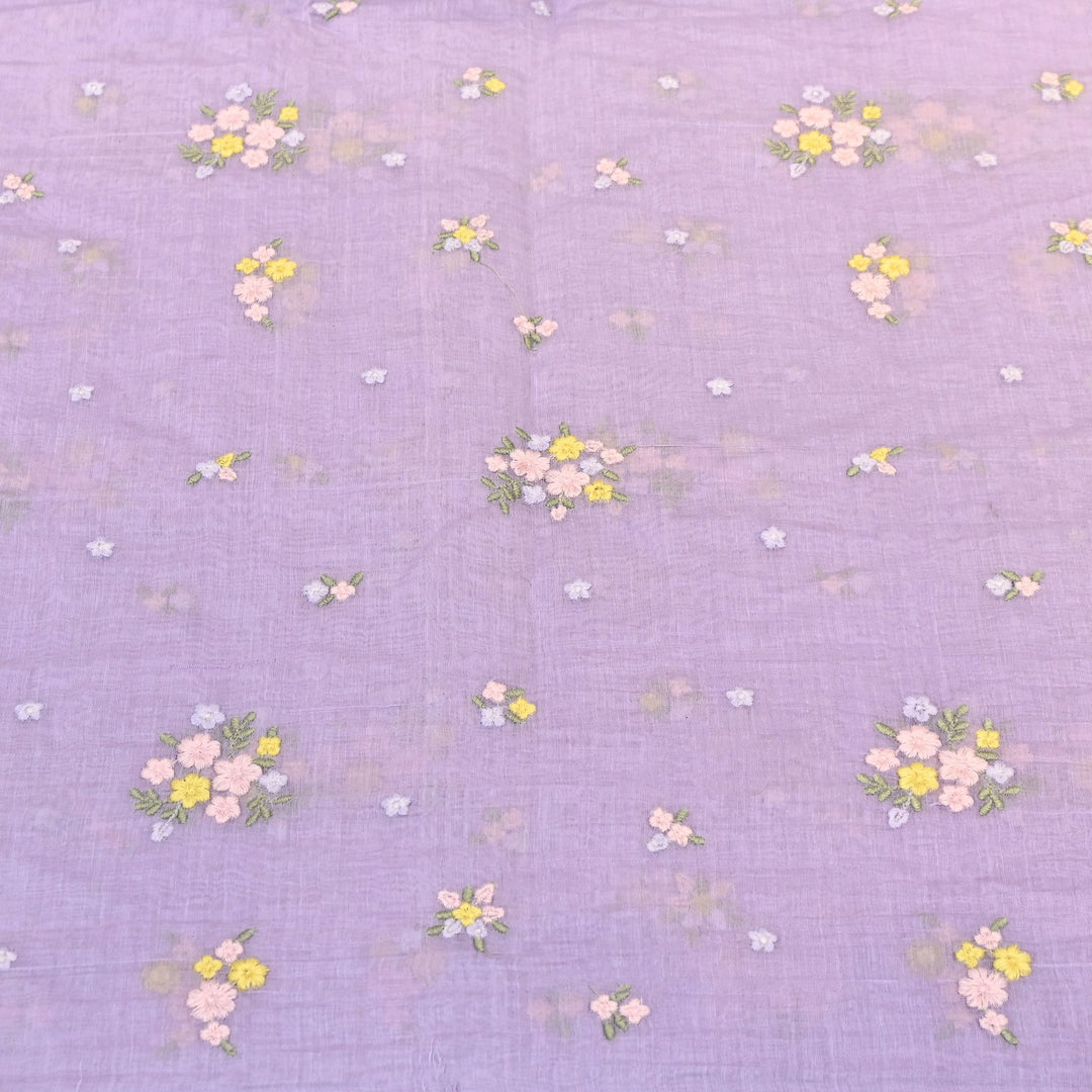 Pastel Lavender Color Mul Chanderi Thread Work Fabric | Lightweight Designer Embroidered Fabric- MF4396-4