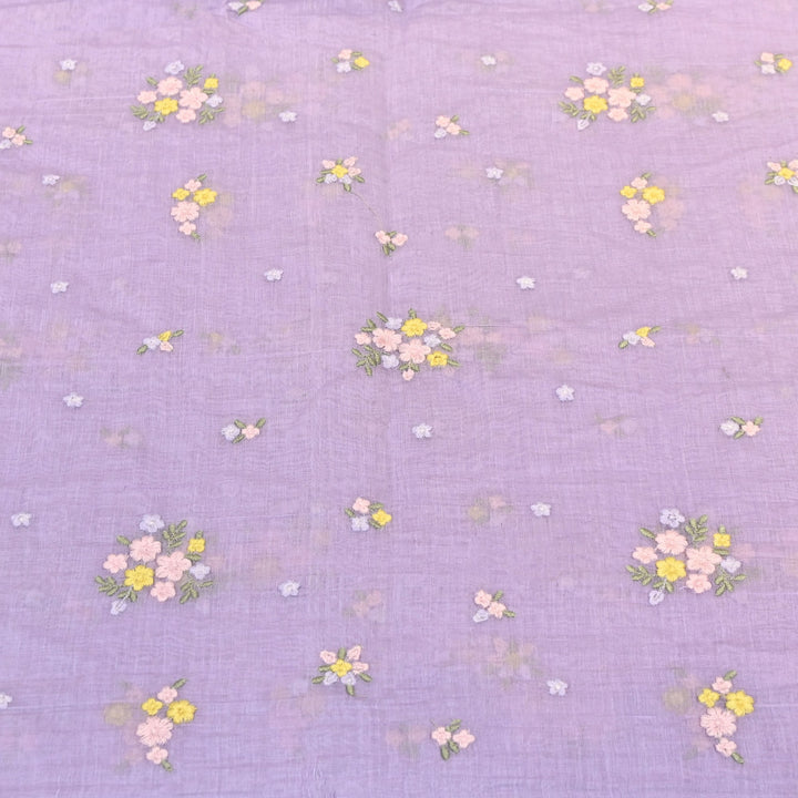 Pastel Lavender Color Mul Chanderi Thread Work Fabric | Lightweight Designer Embroidered Fabric- MF4396-4