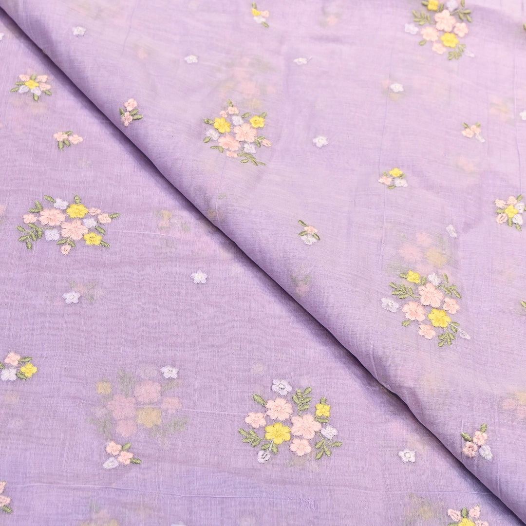Pastel Lavender Color Mul Chanderi Thread Work Fabric | Lightweight Designer Embroidered Fabric- MF4396-4