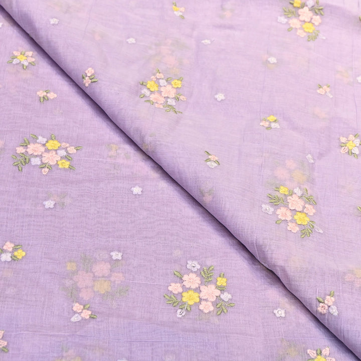 Pastel Lavender Color Mul Chanderi Thread Work Fabric | Lightweight Designer Embroidered Fabric- MF4396-4