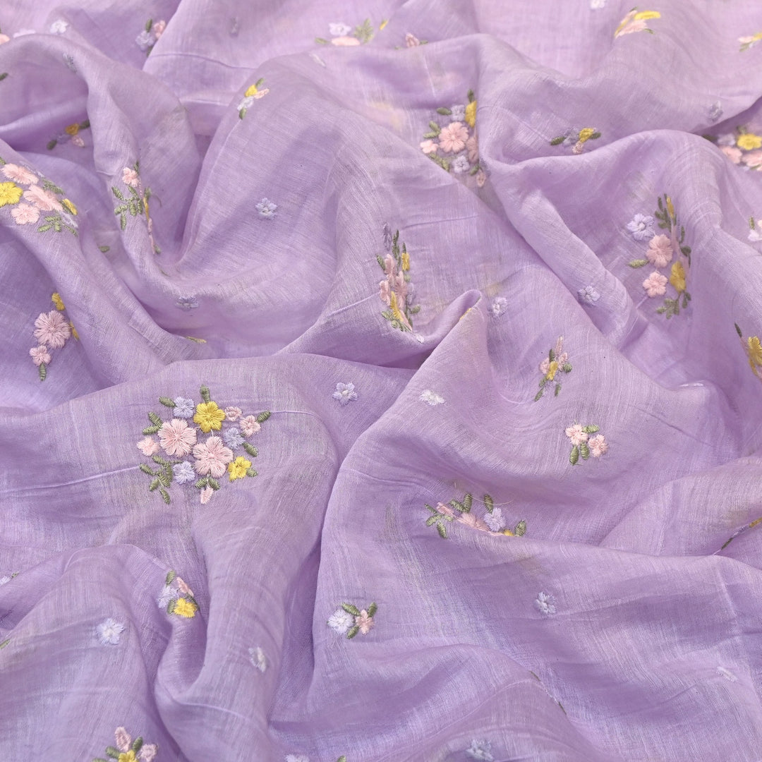 Pastel Lavender Color Mul Chanderi Thread Work Fabric | Lightweight Designer Embroidered Fabric- MF4396-4