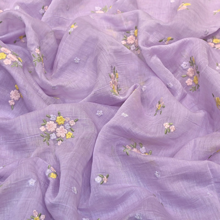 Pastel Lavender Color Mul Chanderi Thread Work Fabric | Lightweight Designer Embroidered Fabric- MF4396-4