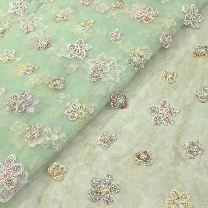 Premium Dyed Net Moti Sequins & Thread Work Embroidery Fabric | VI3346C-05
