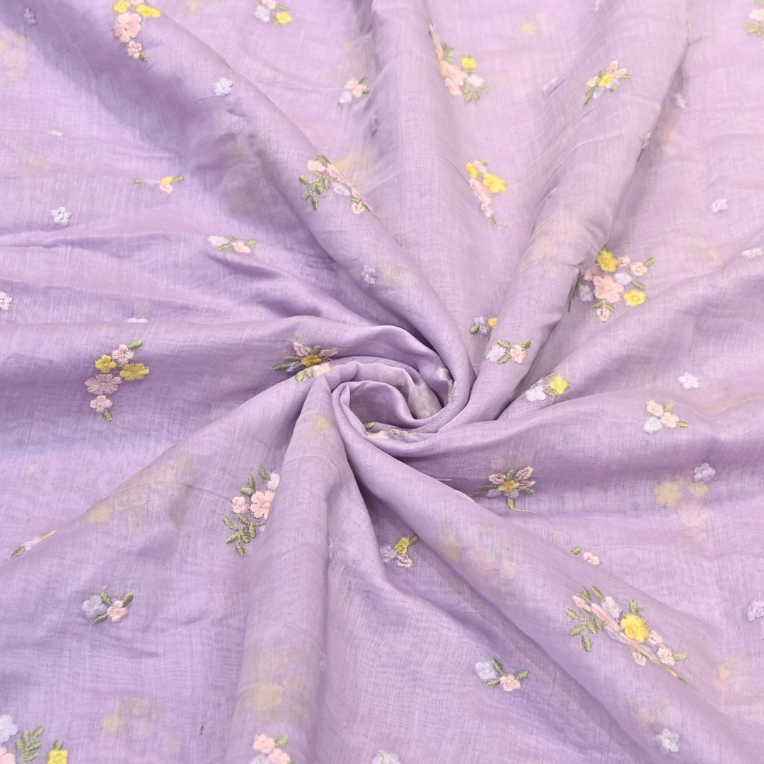 Pastel Lavender Color Mul Chanderi Thread Work Fabric | Lightweight Designer Embroidered Fabric- MF4396-4