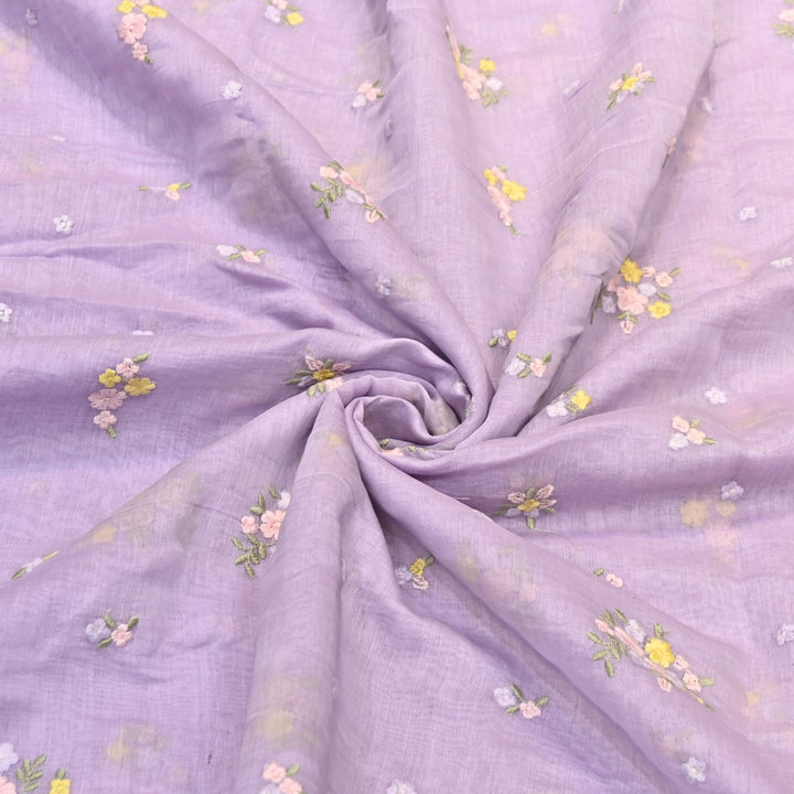 Pastel Lavender Color Mul Chanderi Thread Work Fabric | Lightweight Designer Embroidered Fabric- MF4396-4