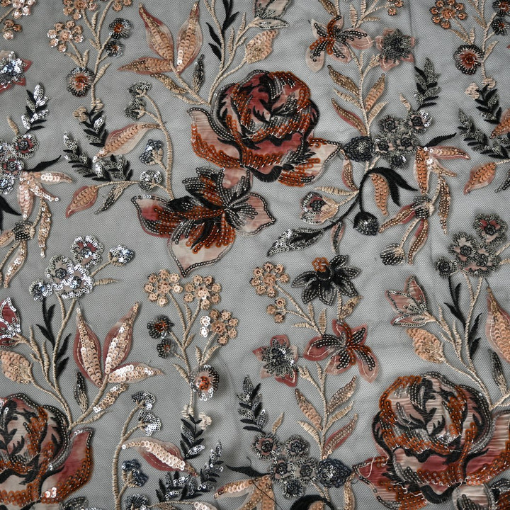 Cut Dana and Sequin Embroidered Fabric with Patch Design on Imported Net