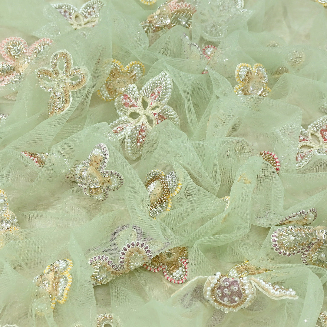Premium Dyed Net Moti Sequins & Thread Work Embroidery Fabric | VI3346C-05