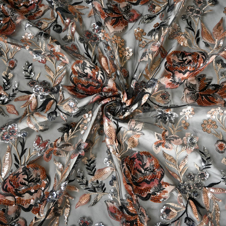 Cut Dana and Sequin Embroidered Fabric with Patch Design on Imported Net