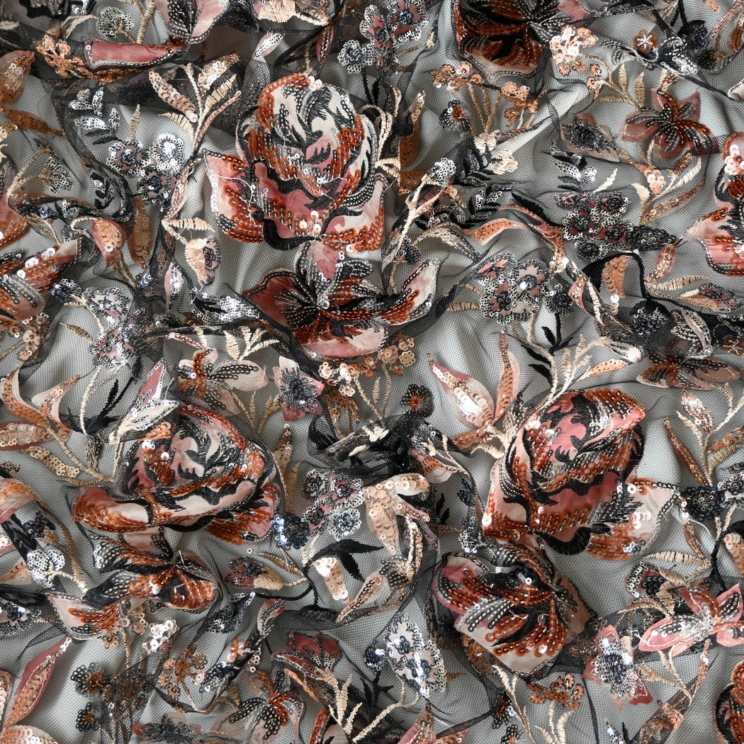 Cut Dana and Sequin Embroidered Fabric with Patch Design on Imported Net