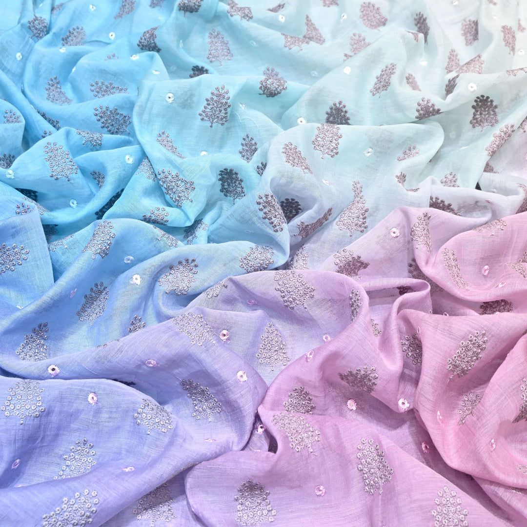 4D Shade Mul Chanderi Thread & Mirror Embroidery Fabric 44" – Designer Summer Fabric – GP4061-8