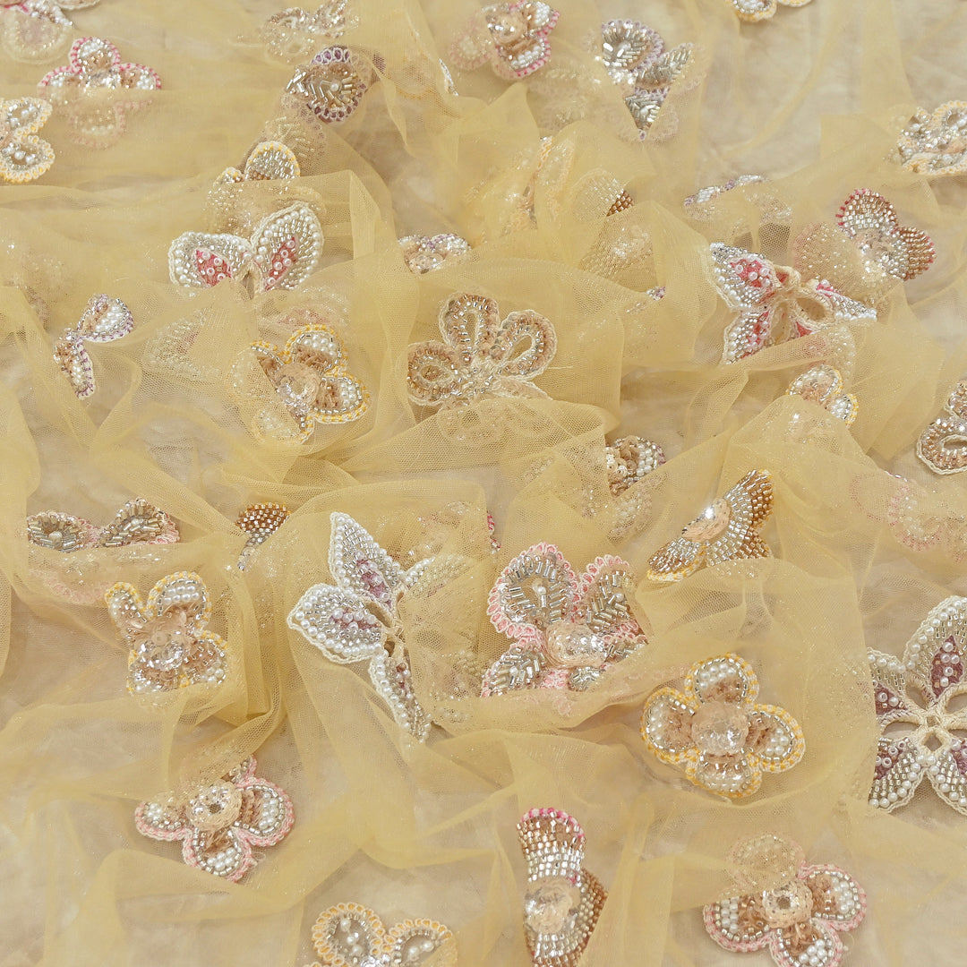 Premium Dyed Net Moti Sequins & Thread Work Embroidery Fabric | VI3346C-02