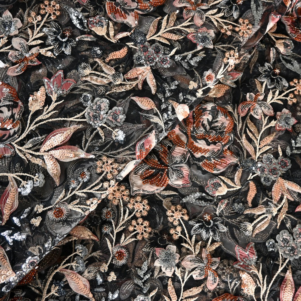 Cut Dana and Sequin Embroidered Fabric with Patch Design on Imported Net