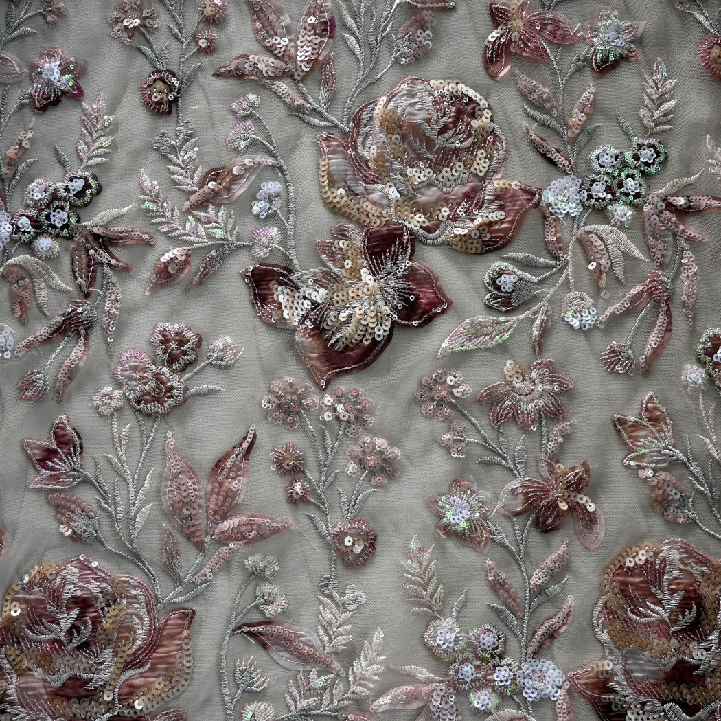 Cut Dana and Sequin Embroidered Fabric with Patch Design on Imported Net