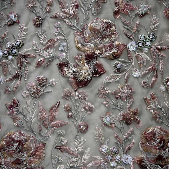 Cut Dana and Sequin Embroidered Fabric with Patch Design on Imported Net