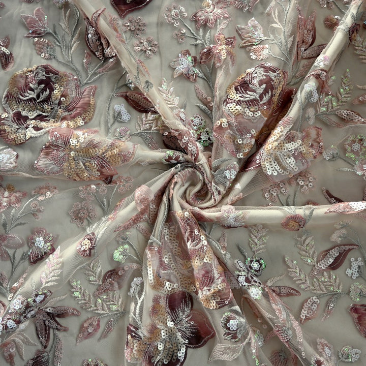 Cut Dana and Sequin Embroidered Fabric with Patch Design on Imported Net