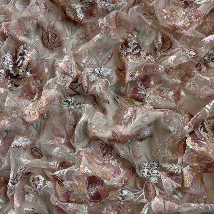 Cut Dana and Sequin Embroidered Fabric with Patch Design on Imported Net