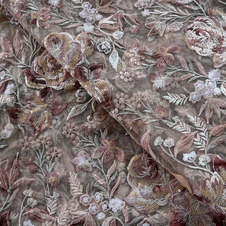 Cut Dana and Sequin Embroidered Fabric with Patch Design on Imported Net