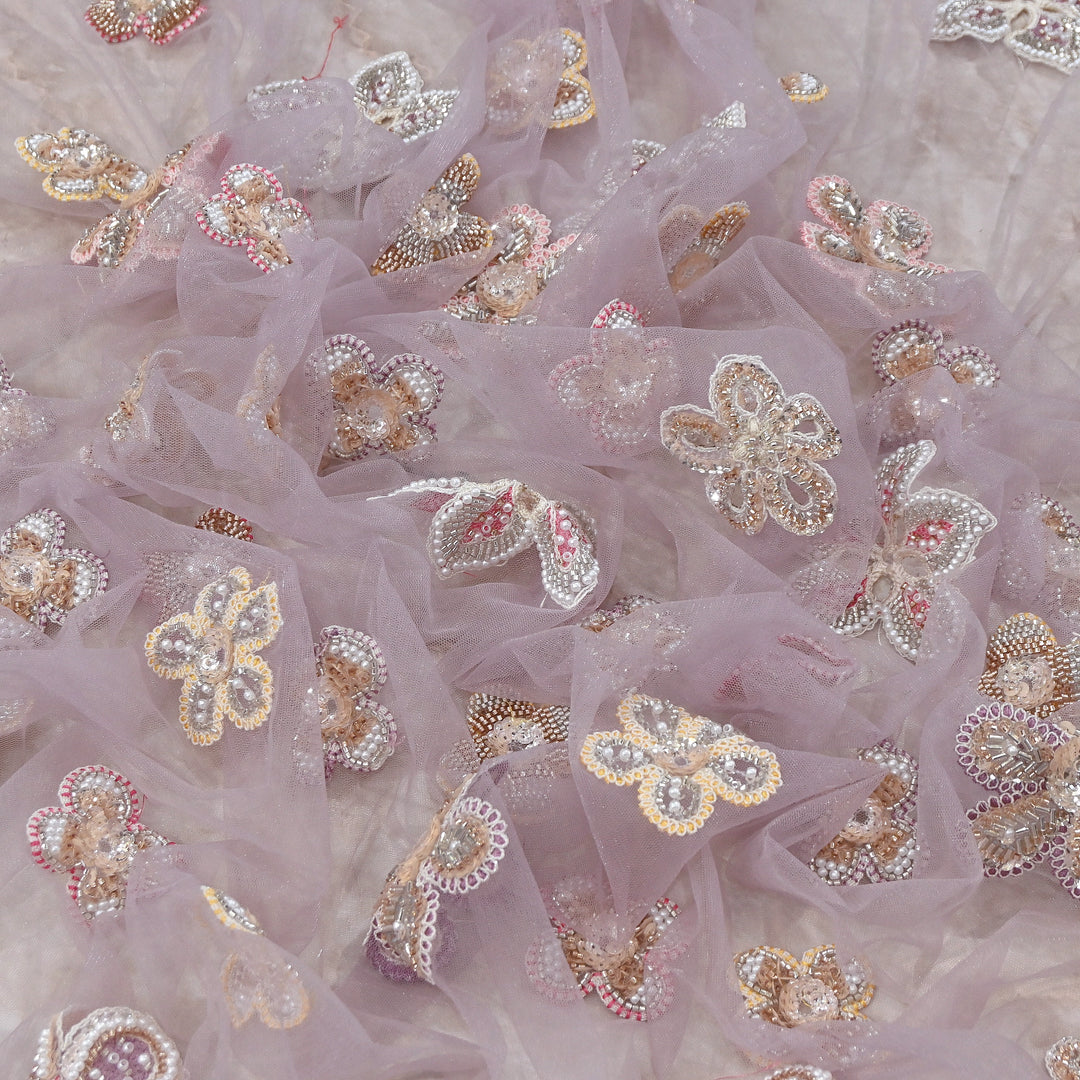Premium Dyed Net Moti Sequins & Thread Work Embroidery Fabric | VI3346C-04