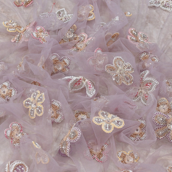 Premium Dyed Net Moti Sequins & Thread Work Embroidery Fabric | VI3346C-04