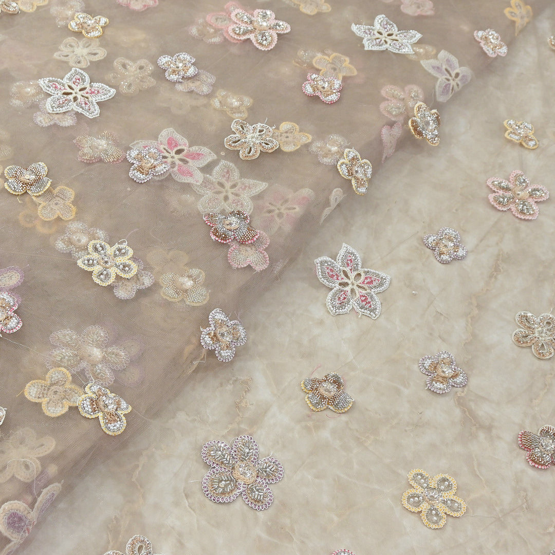 Premium Dyed Net Moti Sequins & Thread Work Embroidery Fabric | VI3346C-01