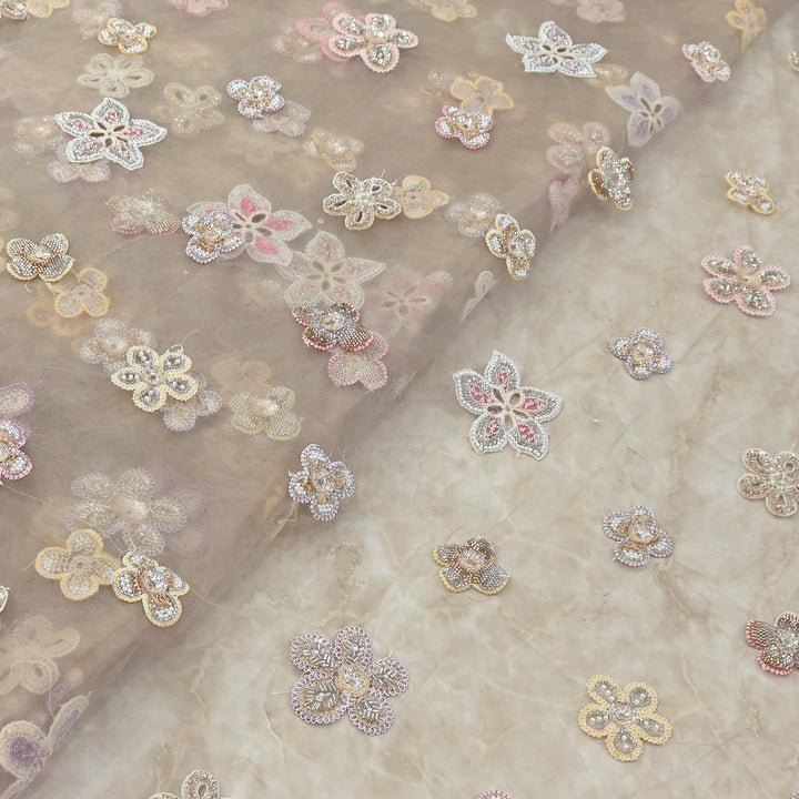 Premium Dyed Net Moti Sequins & Thread Work Embroidery Fabric | VI3346C-01