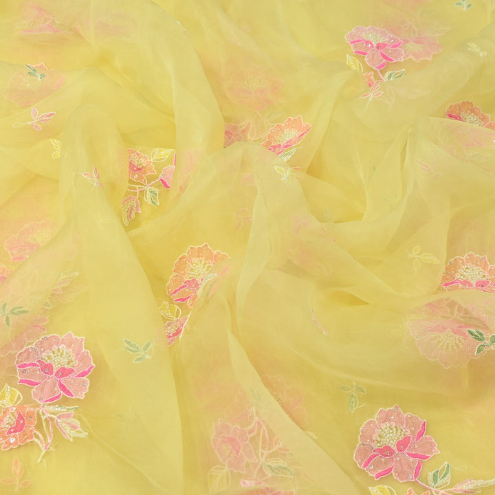 Dyed Silk Organza Thread & Moti Embroidery Fabric | Floral Embroidered Organza | V1957C-1