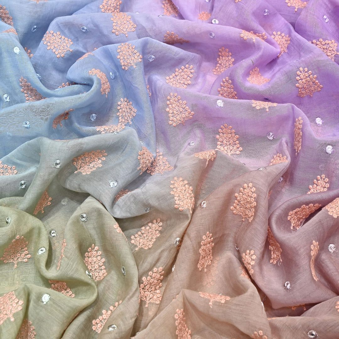 4D Shade Mul Chanderi Thread & Mirror Embroidery Fabric 44" – Designer Summer Fabric – GP4061-3