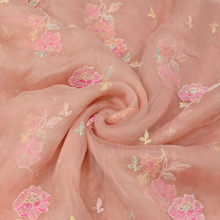 Dyed Silk Organza Thread & Moti Embroidery Fabric | Floral Embroidered Organza | V1957C-2