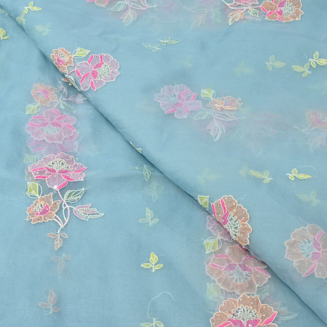 Dyed Silk Organza Thread & Moti Embroidery Fabric | Floral Embroidered Organza | V1957C-3