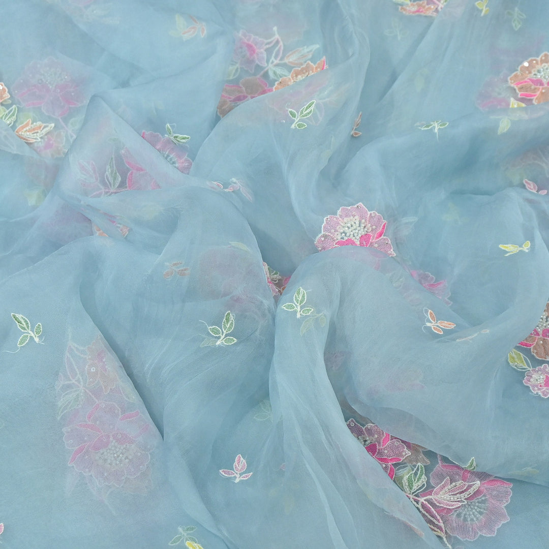 Dyed Silk Organza Thread & Moti Embroidery Fabric | Floral Embroidered Organza | V1957C-3