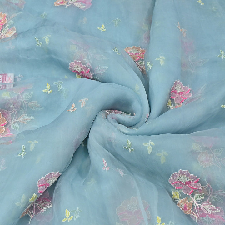 Dyed Silk Organza Thread & Moti Embroidery Fabric | Floral Embroidered Organza | V1957C-3