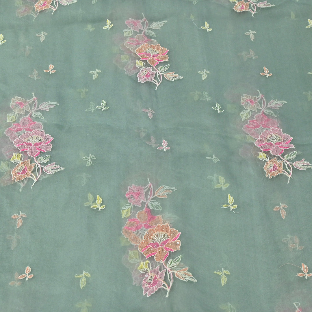 Dyed Silk Organza Thread & Moti Embroidery Fabric | Floral Embroidered Organza | V1957C-4
