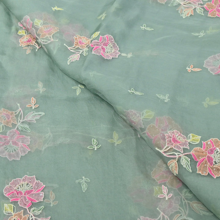Dyed Silk Organza Thread & Moti Embroidery Fabric | Floral Embroidered Organza | V1957C-4