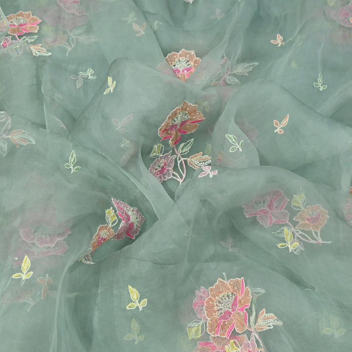 Dyed Silk Organza Thread & Moti Embroidery Fabric | Floral Embroidered Organza | V1957C-4